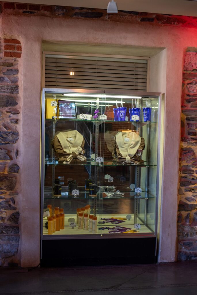 a display case with items inside of it