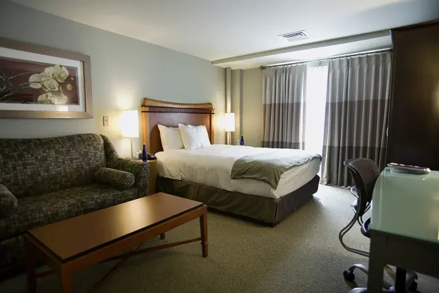 a hotel room with a bed, couch and desk