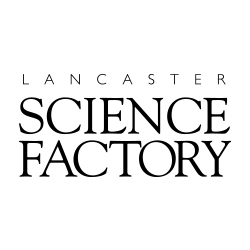 a black and white logo for a science factory