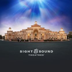 a large building with a sky background and the words sight & sound theatre