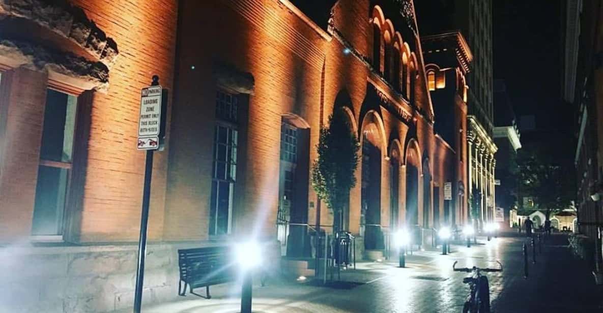 downtown Lancaster City, very dark and the path lights are casting an eerie glow